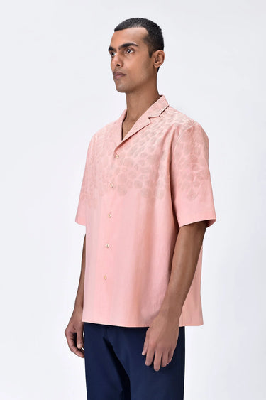 Giza Cotton Poplin Easy Fit Cuban Collar Shirt with Micro Cell Embroidery - Pink