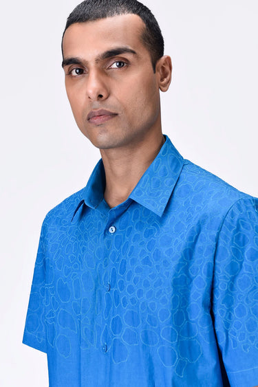 Giza Cotton Poplin Half Sleeve Shirt - Blue