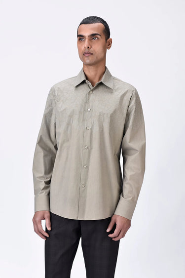 Giza Cotton Poplin Regular Fit Button-Down Shirt with Micro Cell Embroidery - Taupe