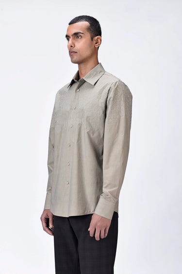Giza Cotton Poplin Regular Fit Button-Down Shirt with Micro Cell Embroidery - Taupe