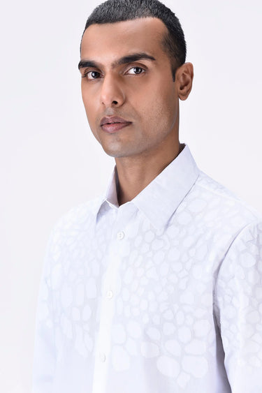 Giza Cotton Poplin Regular Fit Button-Down Shirt with Micro Cell Embroidery - White