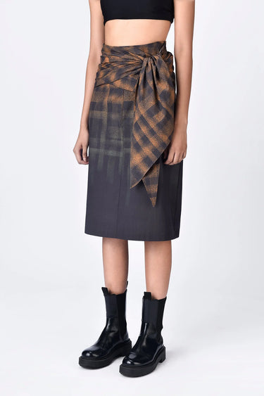 Giza Cotton Poplin Straight Fit Skirt with Draped Waist - Brown - Genes Lecoanet Hemant