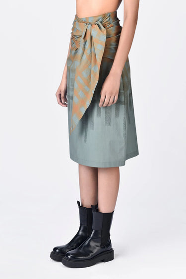 Giza Cotton Poplin Straight Fit Skirt with Draped Waist - Taupe - Genes Lecoanet Hemant