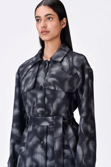 Grey Check Banana Crepe Overcoat