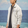Grey poly viscose lycra jacket for men showing smooth stretch fabric texture