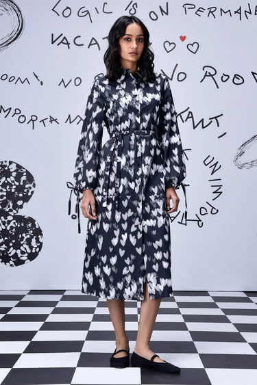Heart Print Relax Fit Dress- Black - Genes Online Store