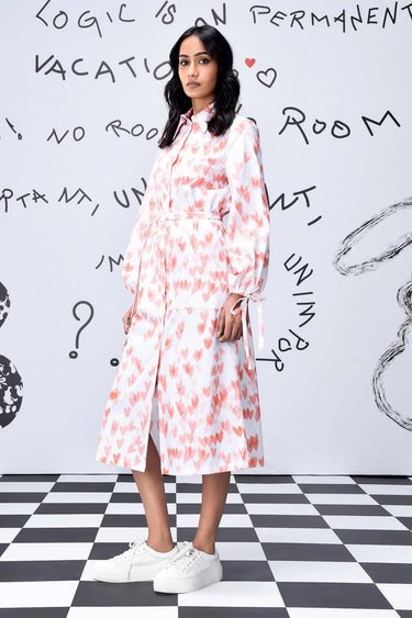 Heart Print Relax Fit Dress- Coral Peach - Genes Online Store