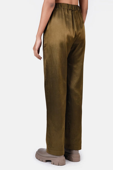 Heavy Satin Straight Fit Trousers-Khaki - Genes Lecoanet Hemant