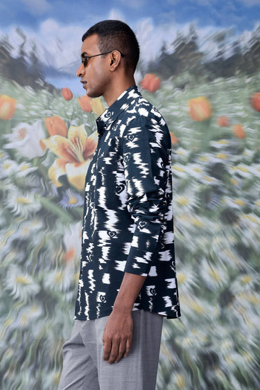 Ikat Check Print Regular Fit Shirt - Black - Genes Online Store
