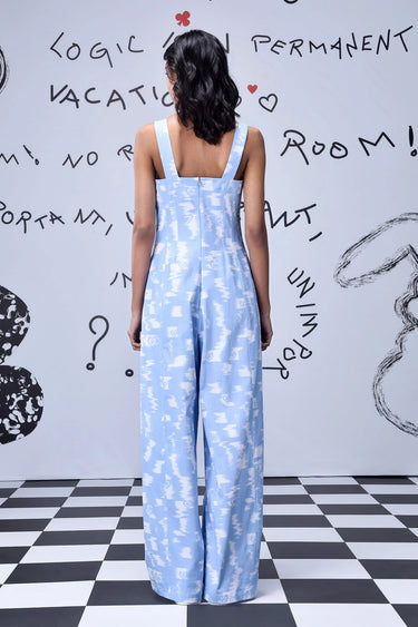 Ikkat Check Relaxed Fit Dungaree- Light Blue - Genes Online Store