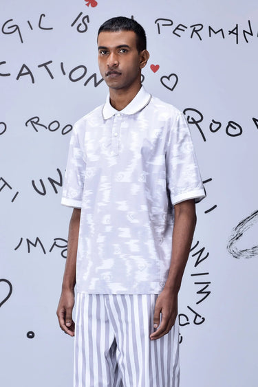 Ikkat Print Polo- Pearl Grey - Genes Online Store