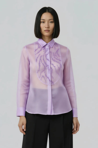 Women lavender sheer shirt with embroidery, luxury designer fashion India