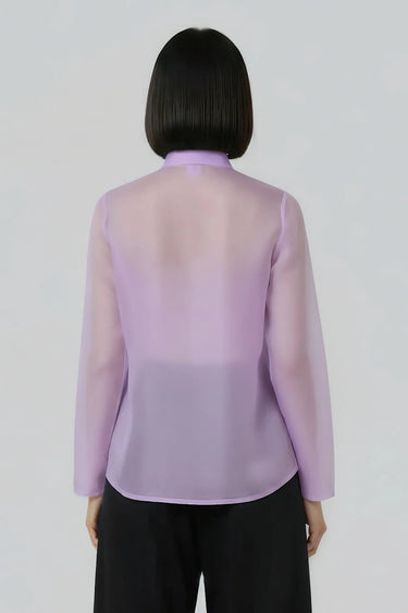 Elegant lavender sheer shirt for women with crisp cuffs, premium designer wear