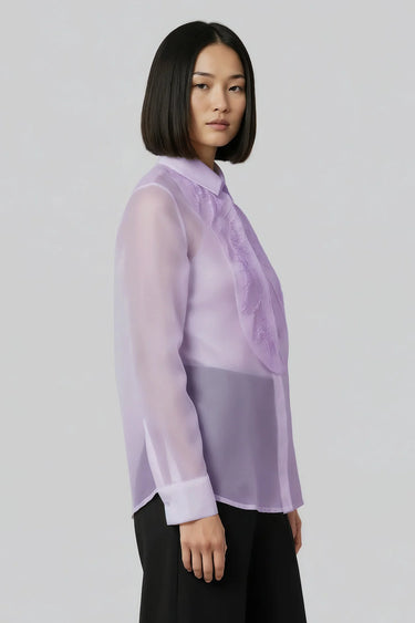 Lavender transparent shirt women India with embroidered detailing and long sleeves