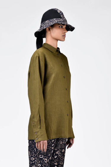 Light Linen Shirt with Hidden Stripe Details Khaki - Genes Lecoanet Hemant