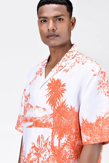 Light Linen Shirt with Landscape Print-Coral Orange - Genes Lecoanet Hemant