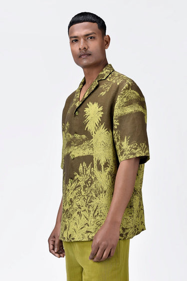 Light Linen Shirt with Landscape Print-Khaki - Genes Lecoanet Hemant