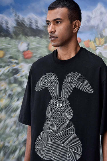 Black short sleeve T-shirt with rabbit illustration and casual styling