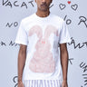 White cotton T-shirt with rabbit line artwork and relaxed fit