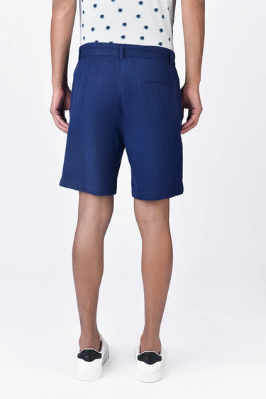 Linen Herringbone Shorts with Drawstring Waist - Navy Blue - Genes Lecoanet Hemant