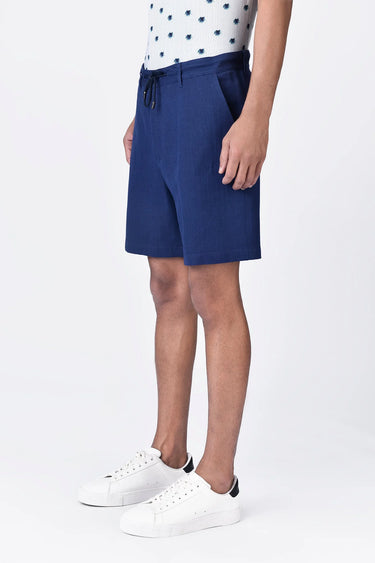 Linen Herringbone Shorts with Drawstring Waist - Navy Blue - Genes Lecoanet Hemant