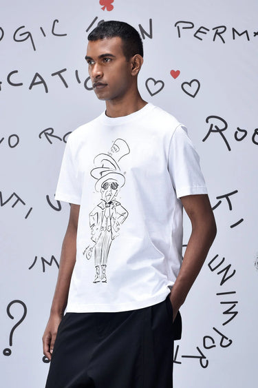 Premium white cotton T-shirt with Mad Hatter sketch print and crew neckline