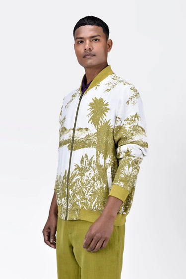 Men's Linen Herringbone Easy Fit Bomber Jacket-Bright Olive - Genes Lecoanet Hemant