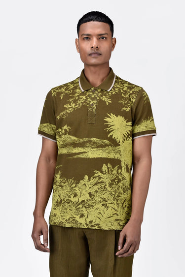 Men's Regular Fit Cotton Pique Polo with Contrast Tipping-Khaki - Genes Lecoanet Hemant