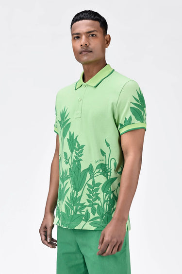 Men's Regular Fit Polo with Tropical Print-Mint Green - Genes Lecoanet Hemant