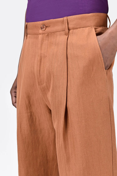 Men's Straight Fit Pleated Trousers-Salmon Pink - Genes Lecoanet Hemant