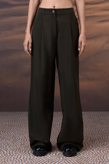 Military Green Cotton Twill Wide-Leg Trousers - Genes Online Store