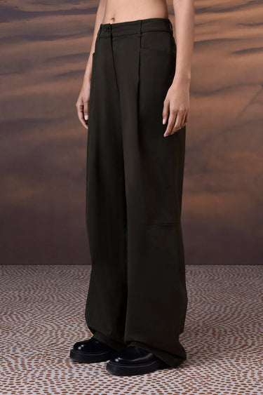 Military Green Cotton Twill Wide-Leg Trousers - Genes Online Store