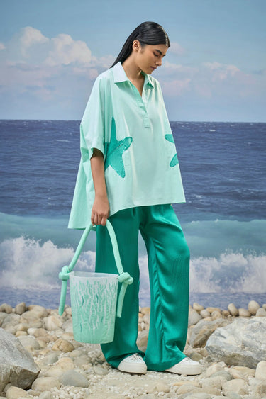 Mint Green Premium Cotton Poplin Embroidered Oversized Shirt