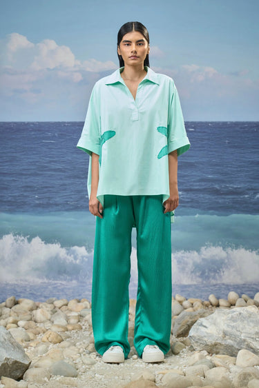 Mint Green Premium Cotton Poplin Embroidered Oversized Shirt