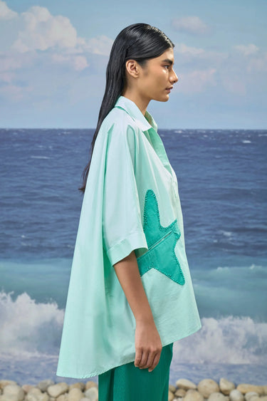 Mint Green Premium Cotton Poplin Embroidered Oversized Shirt