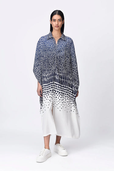 Modal V-Neck Dress with Cell Degrade Print - Blue Black - Genes Lecoanet Hemant