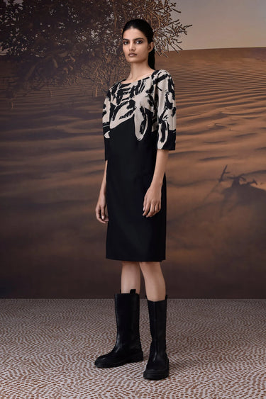 Premium monochrome dress with bold brushstroke pattern and boat neckline for women