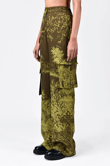 Monotone Landscape Linen Cargo Trousers with Flared Hem - Genes Lecoanet Hemant