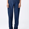 Navy Blue Chambray Relaxed Fit Trousers with Dart Details