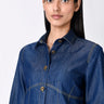 Navy Blue Chambray Semi-Fitted Button-Down Shirt with Top Stitch Highlights