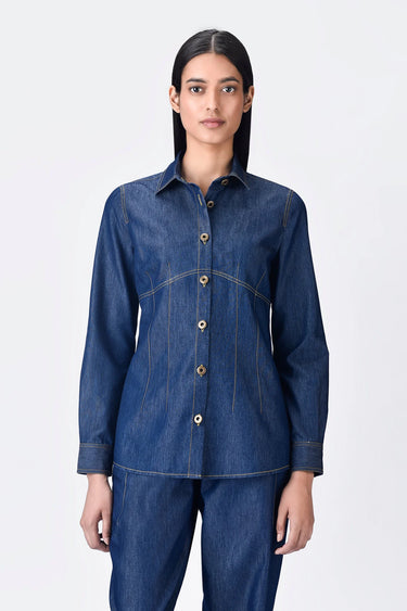 Navy Blue Chambray Semi-Fitted Button-Down Shirt with Top Stitch Highlights