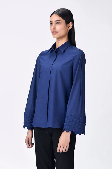 Navy Blue Straight Fit Shirt in Giza Cotton Poplin - Genes Lecoanet Hemant