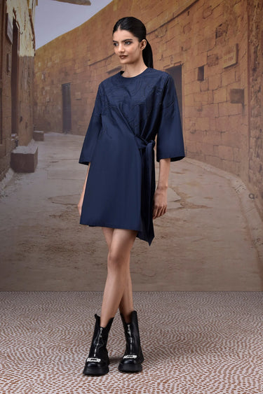 Navy Embroidered Cotton Poplin Tie-Waist Dress - Genes Online Store
