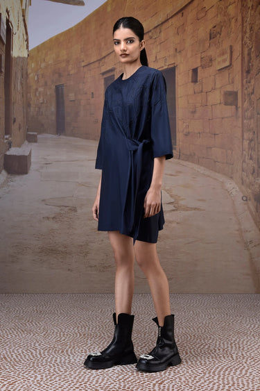 Navy Embroidered Cotton Poplin Tie-Waist Dress - Genes Online Store
