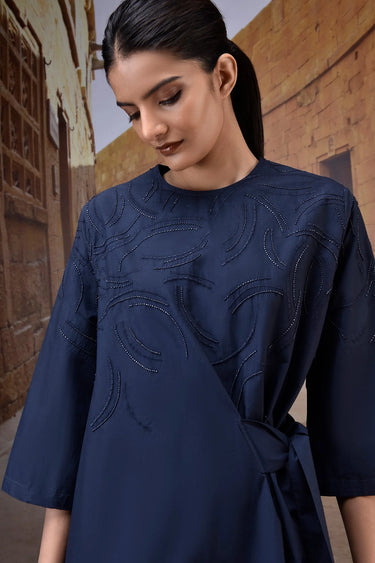 Navy Embroidered Cotton Poplin Tie-Waist Dress - Genes Online Store