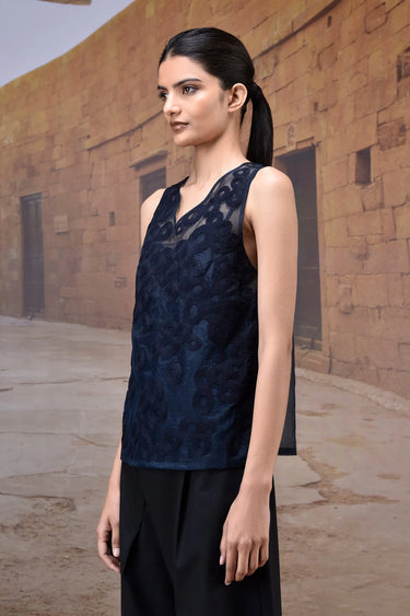 Navy Embroidered Organza V-Neck Sleeveless Top - Genes Online Store