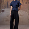 Navy Giza Cotton Top with Structured Sleeves - Genes Online Store
