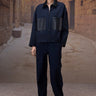 Navy Poly Viscose Check & Leather Bomber Jacket - Genes Online Store