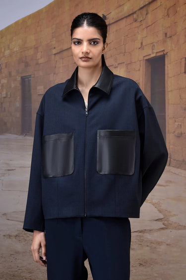 Navy Poly Viscose Check & Leather Bomber Jacket - Genes Online Store