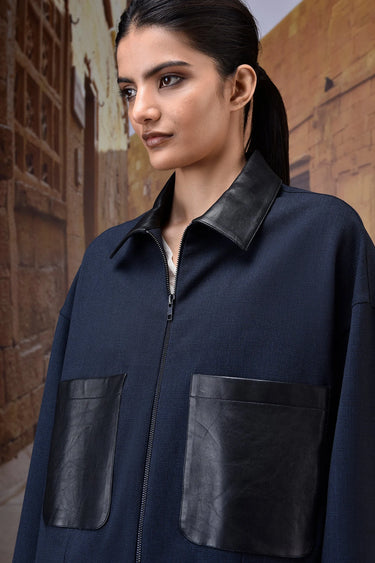 Navy Poly Viscose Check & Leather Bomber Jacket - Genes Online Store